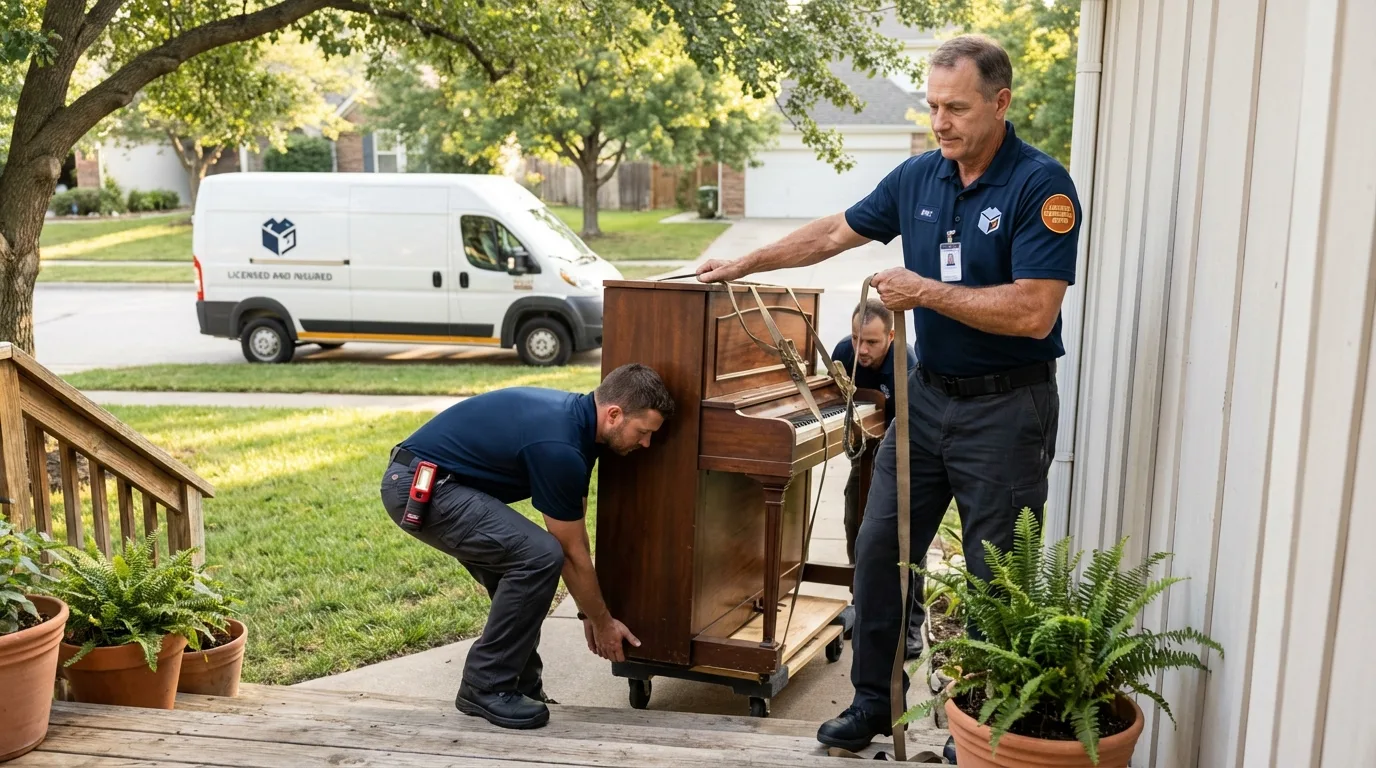 Licensed piano movers securing grand piano in Sturgeon Bay, WI