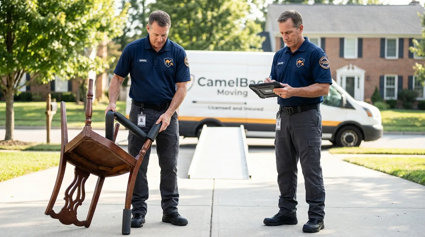 Movers inspecting furniture for damage prevention before loading in Sturgeon Bay, WI