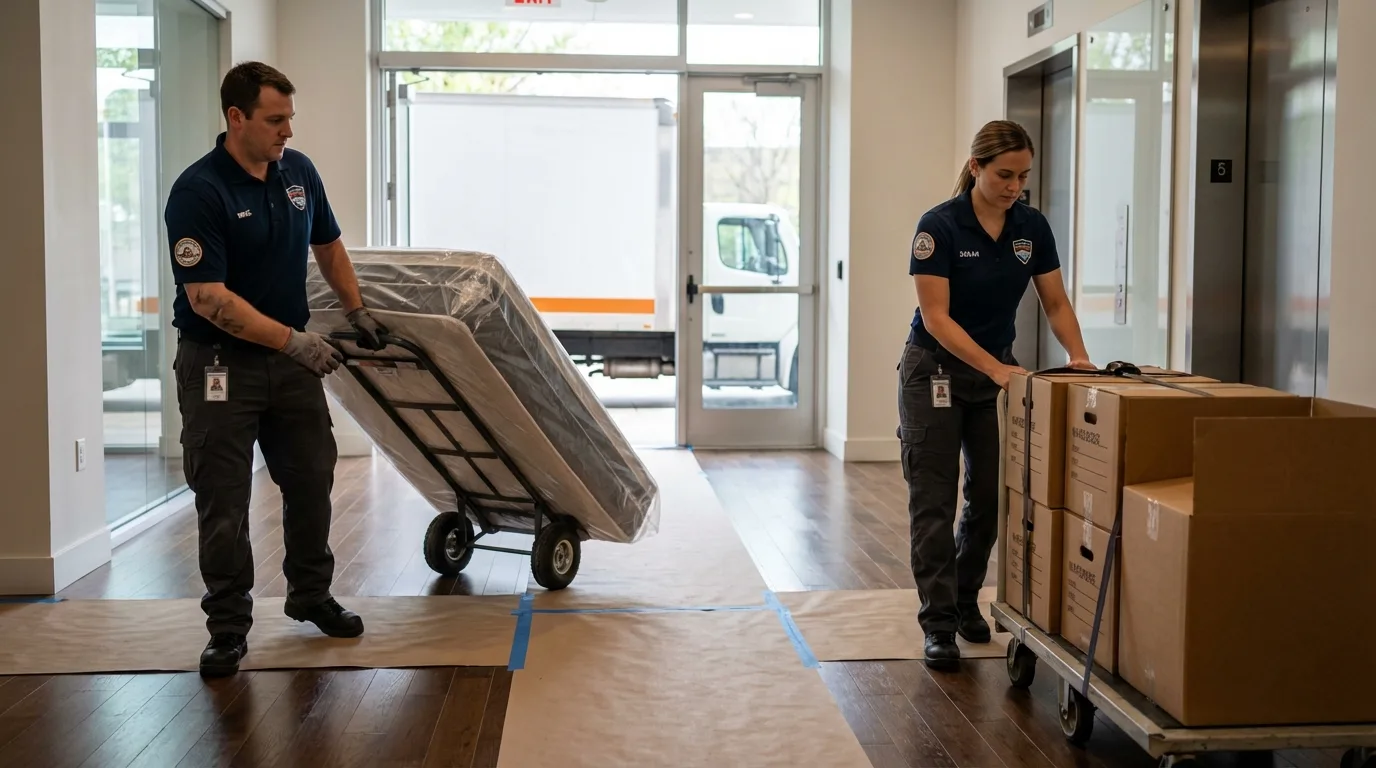 Professional apartment movers loading elevator in Sturgeon Bay, WI